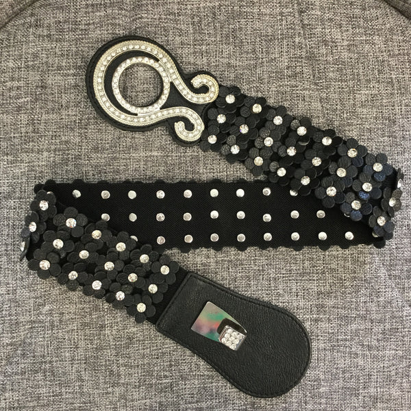 Belt, Black with Eco leather flowers around waistline - natural italian skincare www.MilanoCoronado.com