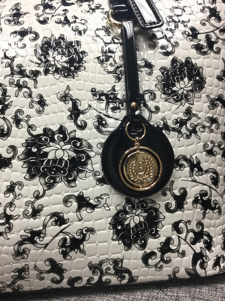 Bag, Black Tote Handbag with White Floral Print - natural italian skincare www.MilanoCoronado.com