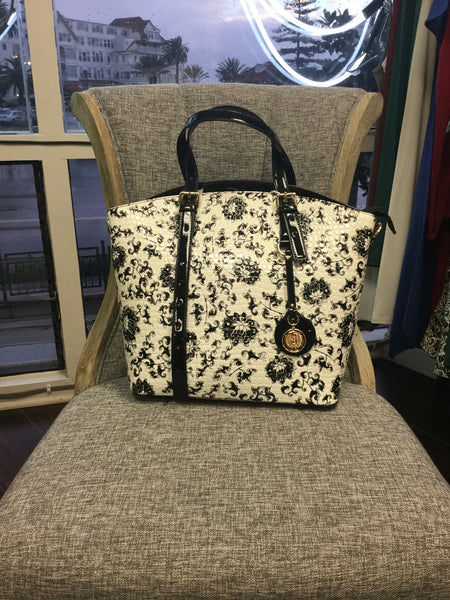 Bag, Black Tote Handbag with White Floral Print - natural italian skincare www.MilanoCoronado.com