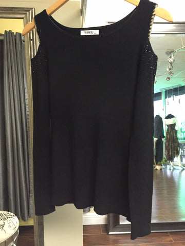 Black blouse with crystals and shoulder cut out - natural italian skincare www.MilanoCoronado.com