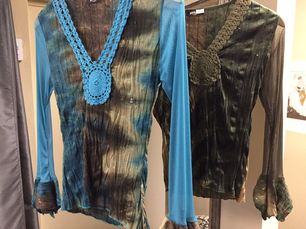 Blouse with lace and sequins, green and brown - natural italian skincare www.MilanoCoronado.com
