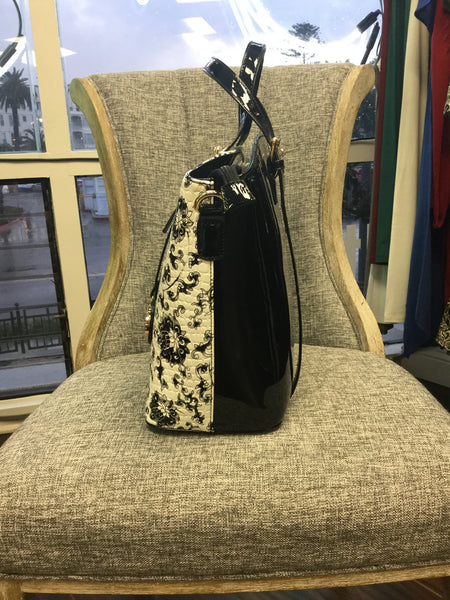 Bag, Black Tote Handbag with White Floral Print - natural italian skincare www.MilanoCoronado.com