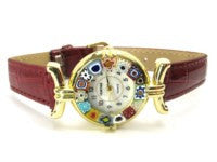 Millefiori watch burgundy strap, gold case - natural italian skincare www.MilanoCoronado.com