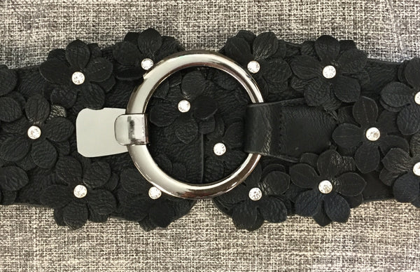 Belt, Black with Eco leather flowers on clasp - natural italian skincare www.MilanoCoronado.com