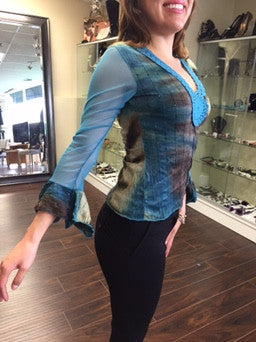 Blouse with lace and sequins, turquoise, green and brown - natural italian skincare www.MilanoCoronado.com