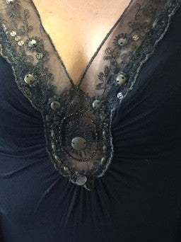 Blouse, black with lace, beads and round decors - natural italian skincare www.MilanoCoronado.com
