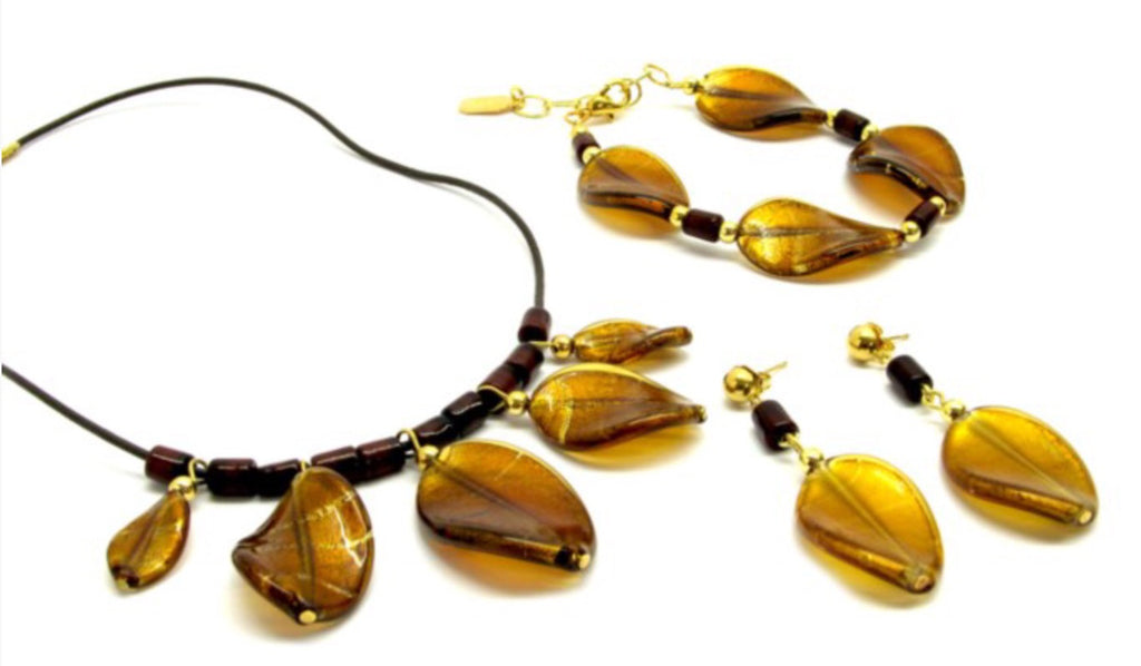 Murano Glass Parure with leaves, brown - natural italian skincare www.MilanoCoronado.com