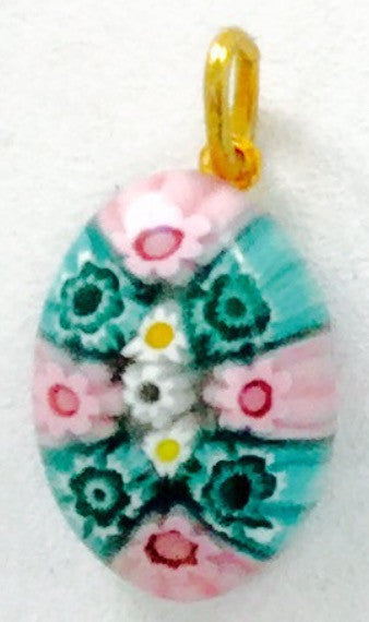 Millefiori Murano Glass pendant, small oval, pink and green - natural italian skincare www.MilanoCoronado.com