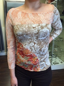 Designer Blouse, orange, beige and green, floral pattern - natural italian skincare www.MilanoCoronado.com