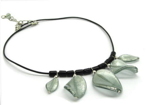 Murano Glass necklace with leaves, grey-light blue - natural italian skincare www.MilanoCoronado.com