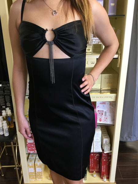 Designer dress, black, evening, cut out center detail with thin chains - natural italian skincare www.MilanoCoronado.com