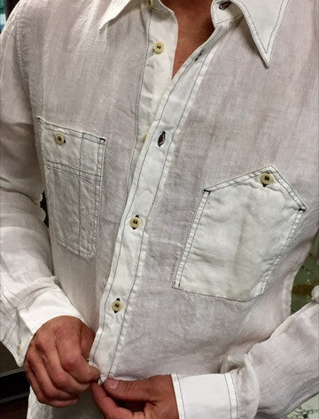 Shirt, white with blue stitching, Linen - natural italian skincare www.MilanoCoronado.com
