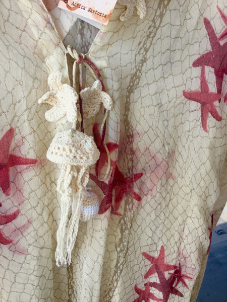 Dress, Beige and white with starfish print and with crochet ocean details, AS2115C071 - natural italian skincare www.MilanoCoronado.com
