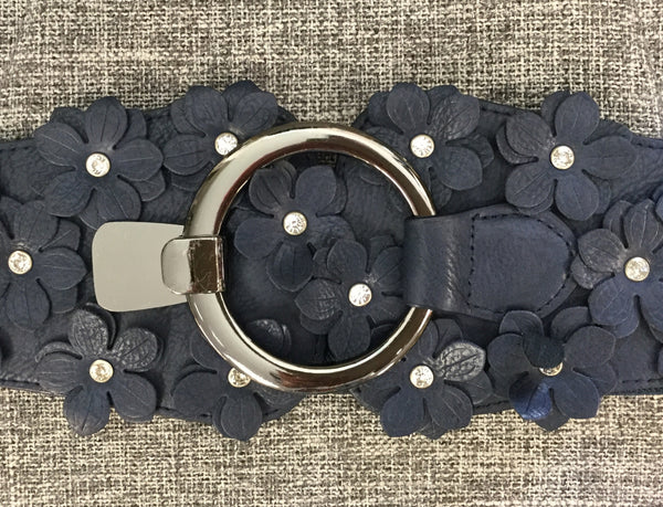 Belt, Blue with Eco leather flowers on clasp - natural italian skincare www.MilanoCoronado.com