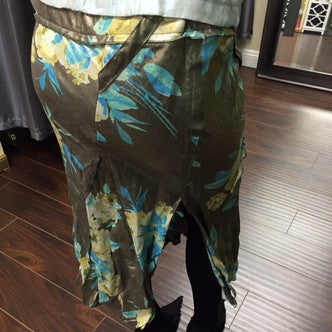 Skirt,  Laminated bronze linen with turquoise floral print - natural italian skincare www.MilanoCoronado.com