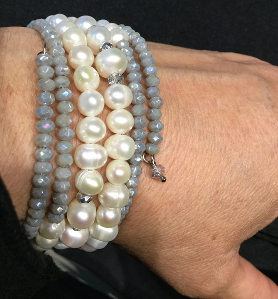 Bracelet, wrap around, fresh river pearls and grey beads and crystals - natural italian skincare www.MilanoCoronado.com
