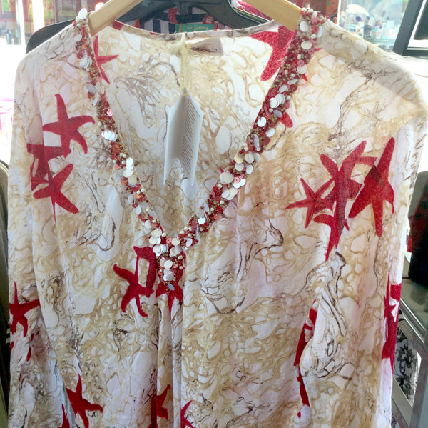 Dress, ocean pattern, ecru with red starfishes, AS2115C028 - natural italian skincare www.MilanoCoronado.com