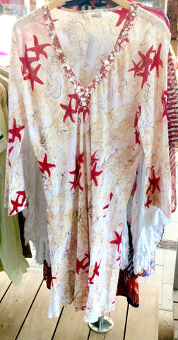 Dress, ocean pattern, ecru with red starfishes, AS2115C028 - natural italian skincare www.MilanoCoronado.com