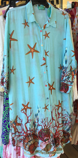 Dress, ocean pattern, light blue and red with beads and pearls - natural italian skincare www.MilanoCoronado.com