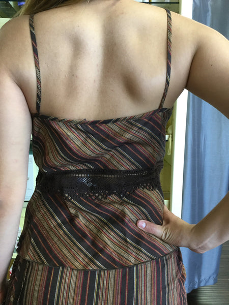 Top, tank, brown, orange and red stripes, lace detail on the waist and beads - natural italian skincare www.MilanoCoronado.com