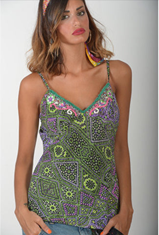 Top, green and multicolor with beads and embroidery - natural italian skincare www.MilanoCoronado.com