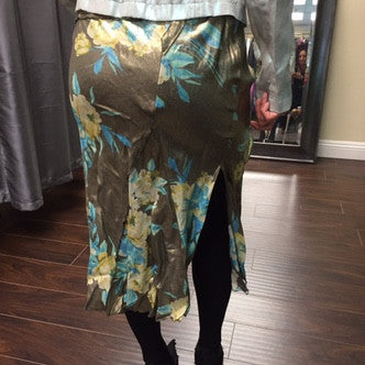 Skirt,  Laminated bronze linen with turquoise floral print - natural italian skincare www.MilanoCoronado.com