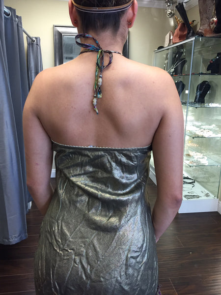 Dress, Laminated bronze linen with green silk details - natural italian skincare www.MilanoCoronado.com