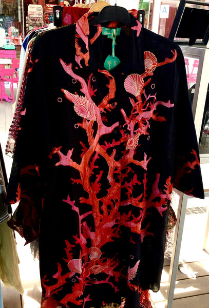 Dress, ocean pattern, black with red, pink and fuchsia print and embroideries! AS2116671 - natural italian skincare www.MilanoCoronado.com
