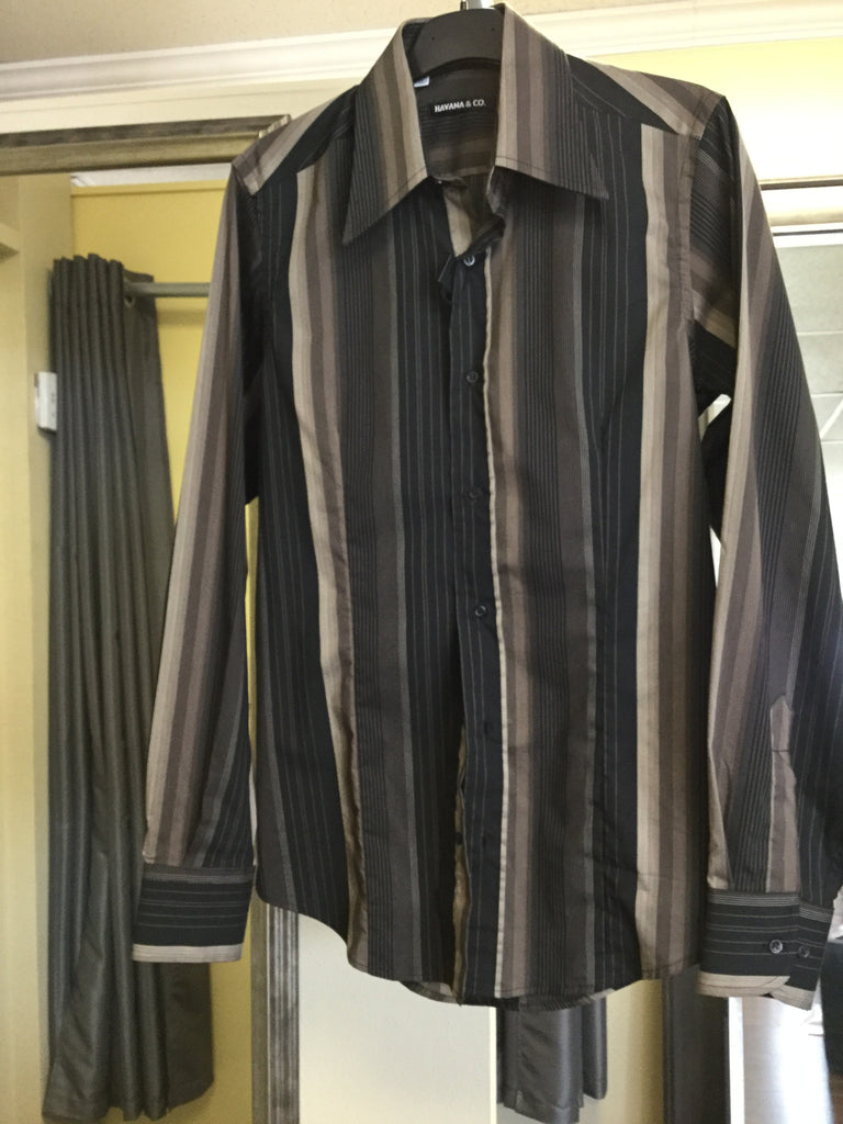 Shirt, black with taupe and brown stripes, fitted - natural italian skincare www.MilanoCoronado.com