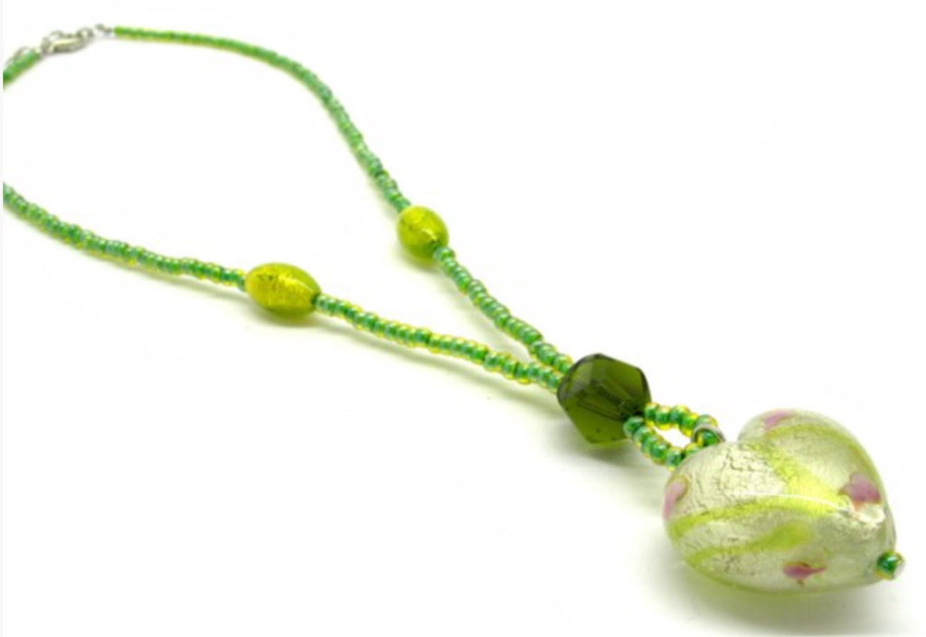 Heart shaped Murano Glass necklace , green, Giulia model - natural italian skincare www.MilanoCoronado.com