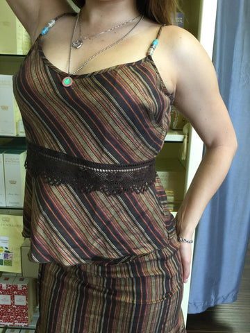 Top, tank, brown, orange and red stripes, lace detail on the waist and beads - natural italian skincare www.MilanoCoronado.com