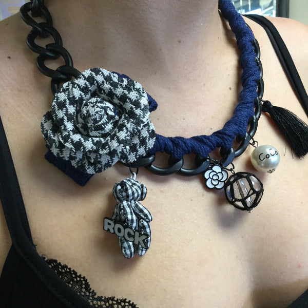 Necklace, blue with fabric rose and pendants - natural italian skincare www.MilanoCoronado.com