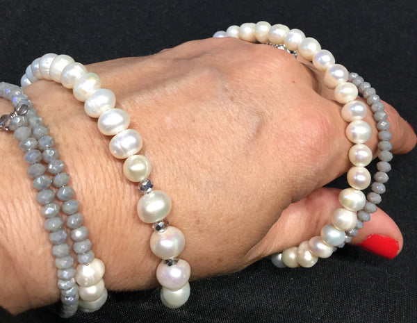 Bracelet, wrap around, fresh river pearls and grey beads and crystals - natural italian skincare www.MilanoCoronado.com