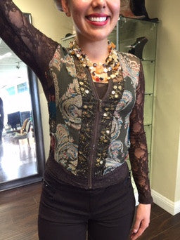 Blouse, zipped green and brown lace with golden paillettes - natural italian skincare www.MilanoCoronado.com
