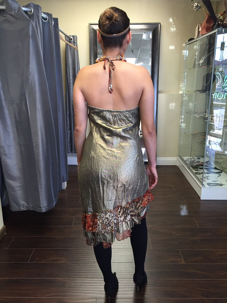 Dress, Laminated bronze linen with burgundy silk details - natural italian skincare www.MilanoCoronado.com