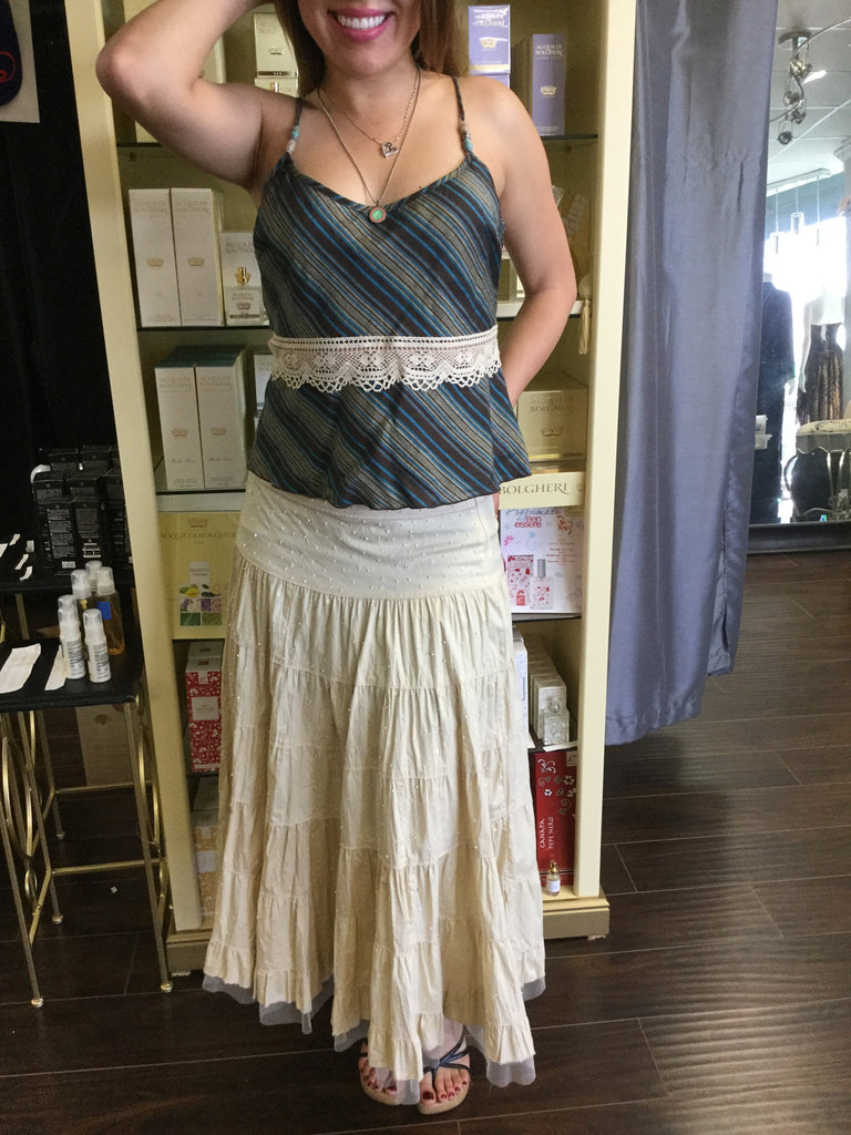 Top, tank, blue and brown stripes, lace detail on the waist and beads - natural italian skincare www.MilanoCoronado.com