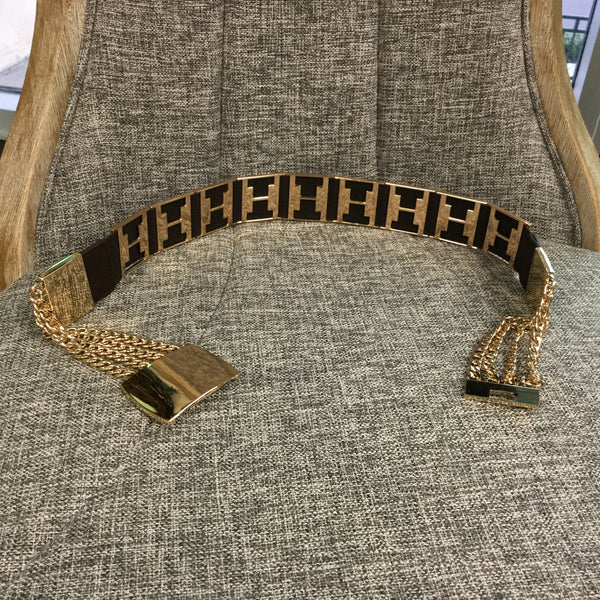 Belt, Taupe Elastic with Gold Chain and Plate - natural italian skincare www.MilanoCoronado.com