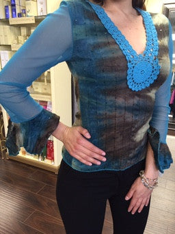 Blouse with lace and sequins, turquoise, green and brown - natural italian skincare www.MilanoCoronado.com