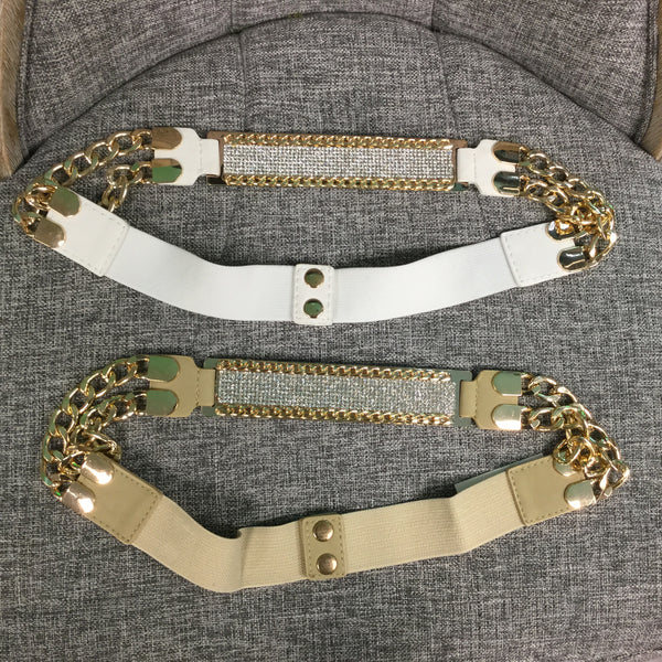 Belt, Taupe with Gold Chain and White Crystals - natural italian skincare www.MilanoCoronado.com